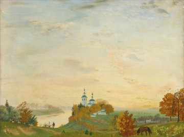  Mikhailovich Malerei - ABOVE THE RIVER AUTUMN Boris Mikhailovich Kustodiev planen Szenen Landschaft
